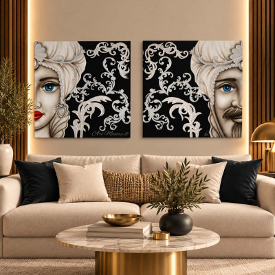 Art Maiora Quadro dipinto a mano Mori King 80x80 set 2 pezzi Colore: Nero/Argento