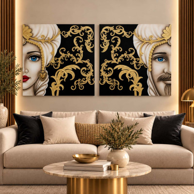 Art Maiora Quadro dipinto a mano Mori King 80x80 set 2 pezzi Colore: Nero/Oro