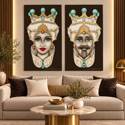 Art Maiora Quadro dipinto a mano Teste di Moro Crown 65x110 set 2 pezzi Colore: Verde Acqua