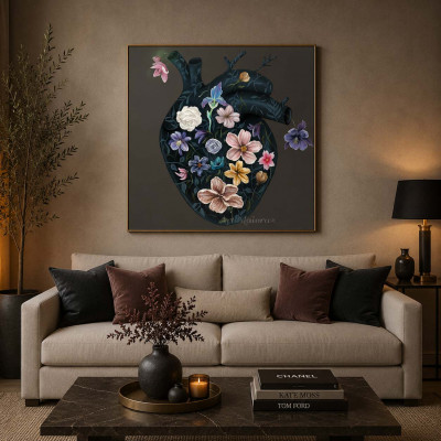 Art Maiora Quadro floreale materico astratto dipinto a mano Flowery Heart 100x100 Colore: Nero