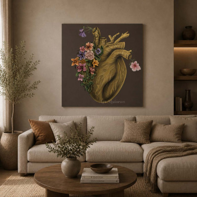 Art Maiora Quadro floreale materico astratto dipinto a mano Flowery Heart 100x100 Colore: Oro/Toni Caldi