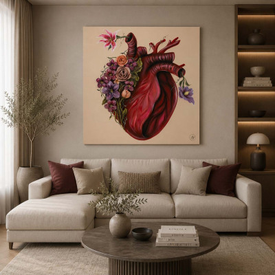 Art Maiora Quadro floreale materico astratto dipinto a mano Flowery Heart 100x100 Colore: Rosso