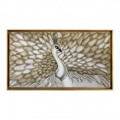 Art Maiora - Quadro moderno con ritratto di pavone dipinto a mano su tela "Vanity" 130x70 - Colore: Panna/Oro - SKU: VNY-M-PO