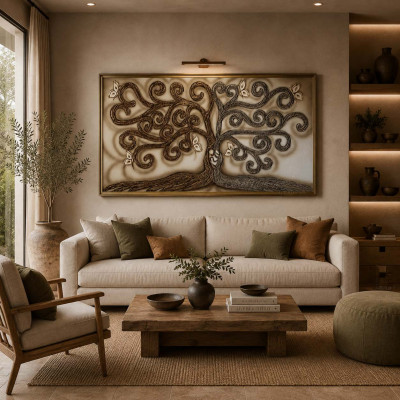 Art Maiora Quadro moderno dipinto a mano Albero della Vita 150x100 Colore: Marrone/Avorio