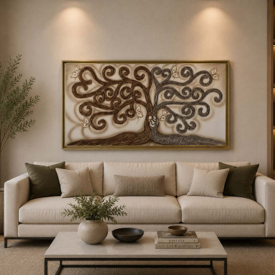 Art Maiora Quadro moderno dipinto a mano Albero della Vita 150x80 Colore: Marrone/Avorio
