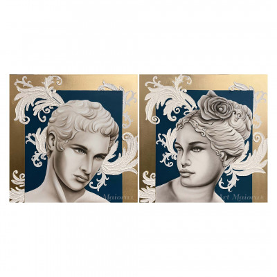 Art Maiora - Set 2 quadri moderni con teste di moro dipinte a mano "Statue Alate" 80x80 cad. - Colore: Oro - SKU: STLTG-QM-X-CNN