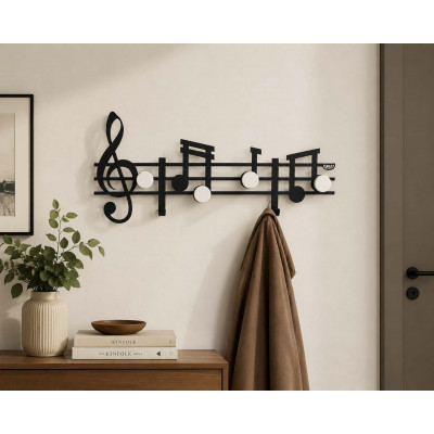 Arti e Mestieri - Musica - Appendiabiti da parete in metallo con pentagramma e note musicali e 4 ganci - Colore: Nero - SKU: 0AP3398C71