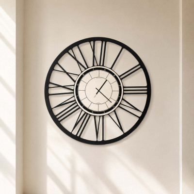 Arti e Mestieri Orologio da muro rotondo in metallo con numero romani dal design moderno Colore: Nero