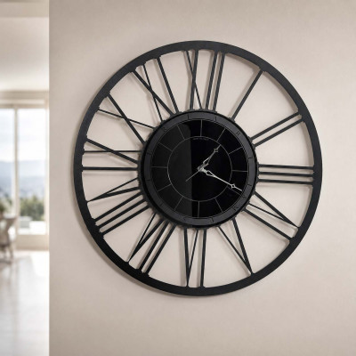 Arti e Mestieri Big Lux Orologio da parete grande di design in metallo con numeri romani Colore: Nero
