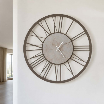 Arti e Mestieri Marmo Orologio da parete in metallo con numeri romani e finitura marmo design moderno Colore: Bronzo