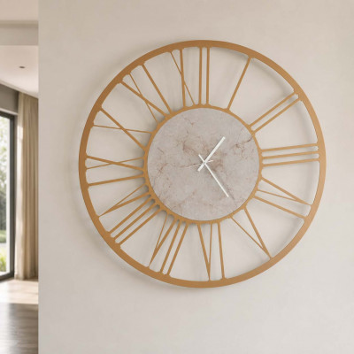 Arti e Mestieri Marmo Orologio da parete in metallo con numeri romani e finitura marmo design moderno Colore: Oro/Marmo