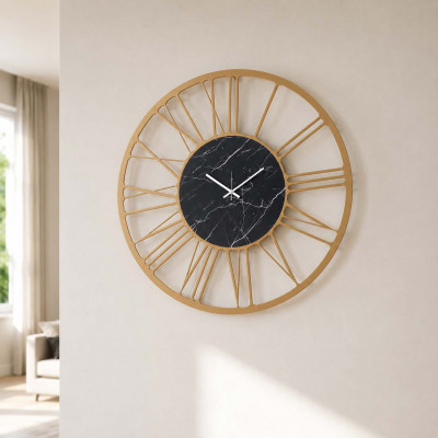 Arti e Mestieri Marmo Orologio da parete in metallo con numeri romani e finitura marmo design moderno Colore: Oro/Marmo Nero