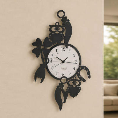 Arti e Mestieri Good Luck Orologio da parete in metallo moderno con cornetti, gufi e quadrifogli Colore: Nero/Bianco Marmo