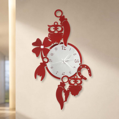 Arti e Mestieri Good Luck Orologio da parete in metallo moderno con cornetti, gufi e quadrifogli Colore: Rosso/Bianco