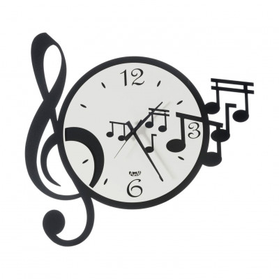 Arti e Mestieri - Musica - Orologio da parete moderno con chiave e note musicali - Colore: Bianco/Nero - SKU: 0OR3388C44