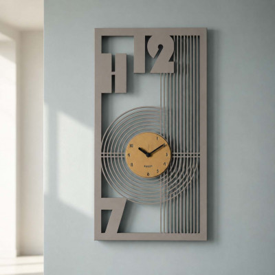 Arti e Mestieri Gropius Orologio da parete rettangolare con quadrante centrale e dettagli geometrici Colore: Fango/Oro