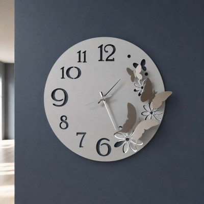 Arti e Mestieri Farfalle Orologio da parete rotondo in metallo con farfalle decorative Colore: Sabbia/Bianco Marmo