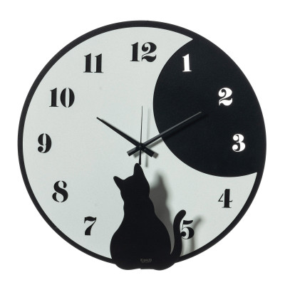 Arti e Mestieri - Moon Whiskers - Orologio da parete rotondo in metallo con design moderno e silhouette di gatto - Colore: Nero/Bianco Marmo - SKU: 0OR3891C170