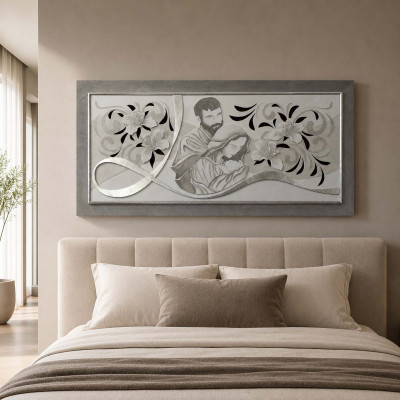 Artitalia Capezzale moderno materico Sacra Famiglia in rilievo con foglia argento 120x60 Colore: Argento