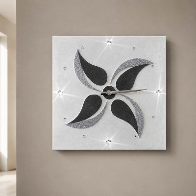 Artitalia Orologio da parete a tema floreale in rilievo decori materici e glitter argento Colore: Ardesia