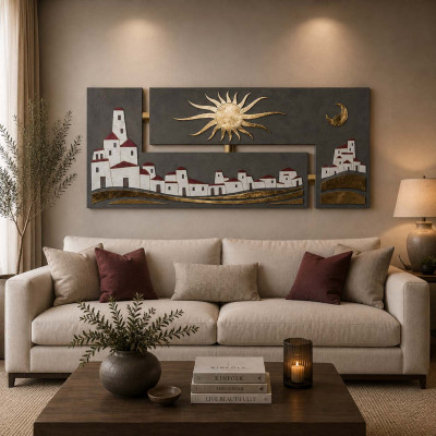 Artitalia Pannello con paesaggio in rilievo in legno con dettagli foglia argento 155x65 Colore: Oro
