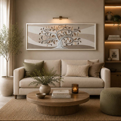 Artitalia Pannello in legno in rilievo decori materici e foglia argento "Tree I" 155x65