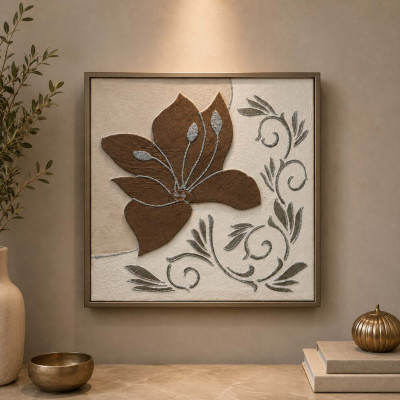 Artitalia Quadretto decoro floreale in rilievo materico dettagli glitter argento 35x35