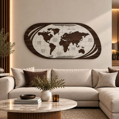 Artitalia Quadro con la mappa del mondo moderno su legno in 3d "Planisfero II" 120x60