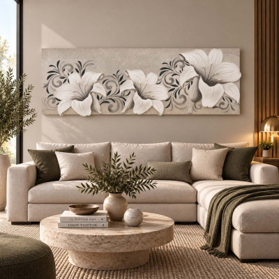 Artitalia Quadro con tema floreale in rilievo decoro in resina e foglia argento 155x65 Colore: Ardesia