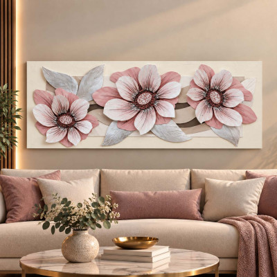 Artitalia Quadro in legno a tema materico in rilievo floreale foglia argento 155x65
