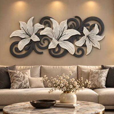 Artitalia Quadro in legno decori materici fiori in rilievo dettagli foglia argento 155x65 Colore: Ardesia