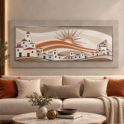 Artitalia Quadro pannello interamente in legno con paesaggio e dettagli in rilievo 155x65