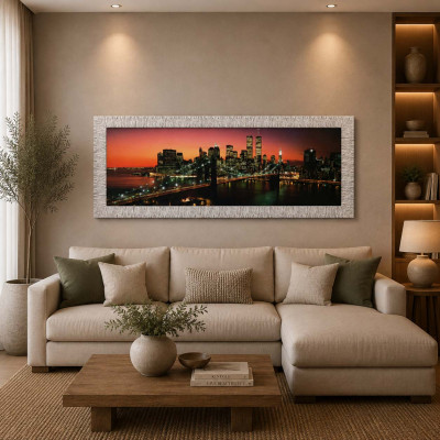Artitalia Quadro skyline con cornice argento decori materici glitterati e strass 154x64
