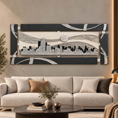 Artitalia Quadro su legno in rilievo con skyline con glitter e foglia argento 150x65