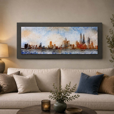 Artitalia Quadro tema moderno skyline in rilievo in legno dettagli in argento 100X50 Colore: Marrone