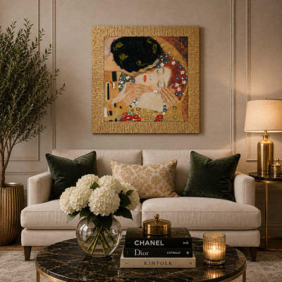 Artitalia Klimt Stampa con cornice dorata con decori materici "Il Bacio" 61x61