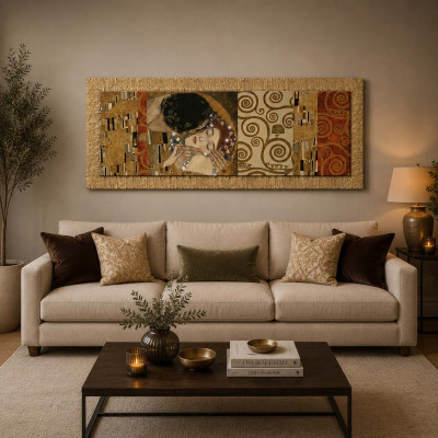 Artitalia Klimt Stampa con cornice dorata dettagli materici glitterati "il Bacio" 154x64