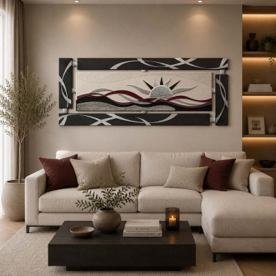 Artitalia Tela dipinta in rilievo decori materici e foglia argento "Sea Sunset II" 150x65