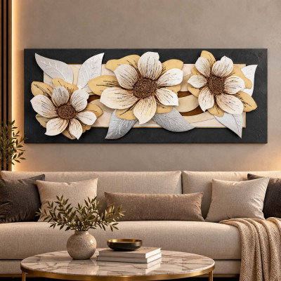 Artitalia Tela in rilievo decori materici e foglia argento "White Bouquet" 155x65