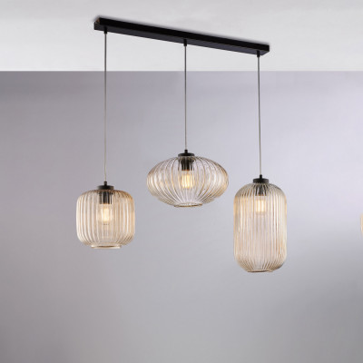 Be Light - Glamour - Lampada a sospensione moderna in metallo con tre diffusori lineari in vetro - 3 Lampadine E27 55W - IP20 - SKU: BL322-BIN3