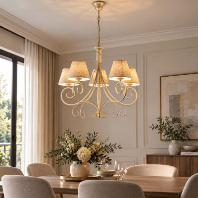 Be Light Vienna Lampadario grande dalle linee classiche con paralumi in tessuto Colore: Avorio/Oro
