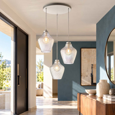 Be Light Maya Lampadario moderno in metallo con 3 diffusori pendenti in vetro Colore: Trasparente