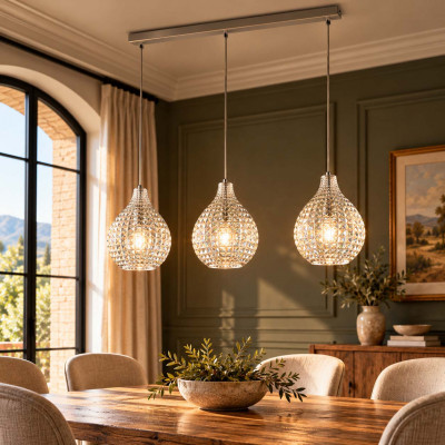 Be Light Diamante Lampadario moderno lineare in metallo con 3 diffusori pendenti in vetro Colore: Trasparente