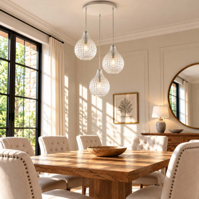 Be Light Diamante Lampadario moderno rotondo in metallo con 3 diffusori pendenti in vetro Colore: Trasparente