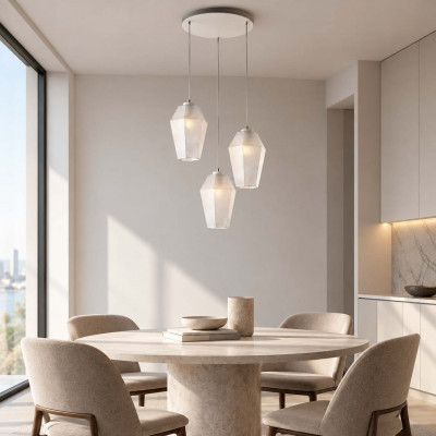 Be Light Prisma Lampadario moderno rotondo in metallo con tre diffusori pendenti in vetro Colore: Trasparente