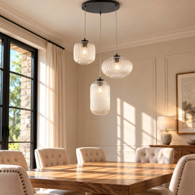 Be Light Glamour Lampadario rotondo moderno in metallo con tre diffusori pendenti in vetro Colore: Ambra