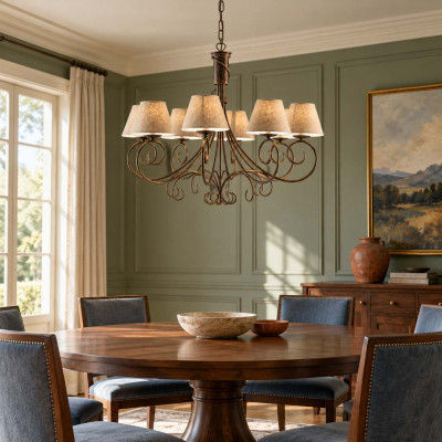 Be Light Vienna Lampadario rustico con struttura in metallo e 8 diffusori in tessuto Colore: Marrone/Oro