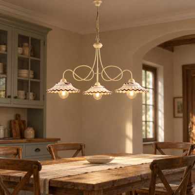 Be Light Bistrot Lampadario rustico in metallo con triplo diffusore in ceramica Colore: Avorio