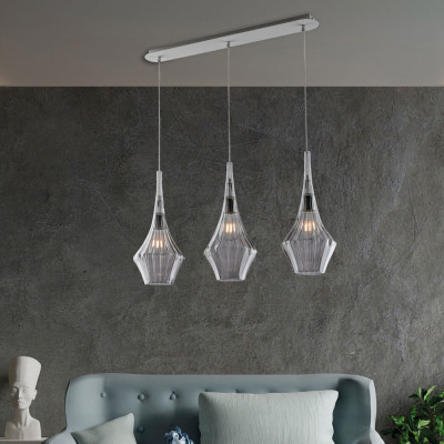 Bonetti Illumina Zeus Lampadario moderno lineare con 3 diffusori pendenti in vetro Colore: Grigio Fumè