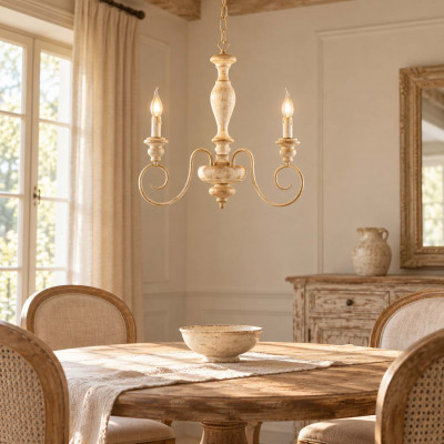 Bonetti Illumina Cascina Lampadario classico con 3 braccia e struttura in metallo regolabile in altezza Colore: Bianco/Tortora